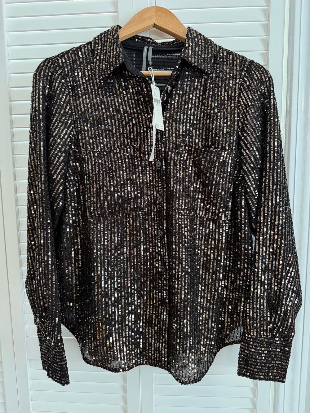 Anthropologie Black Button-Down Shirt with Gold Sequin Stripes